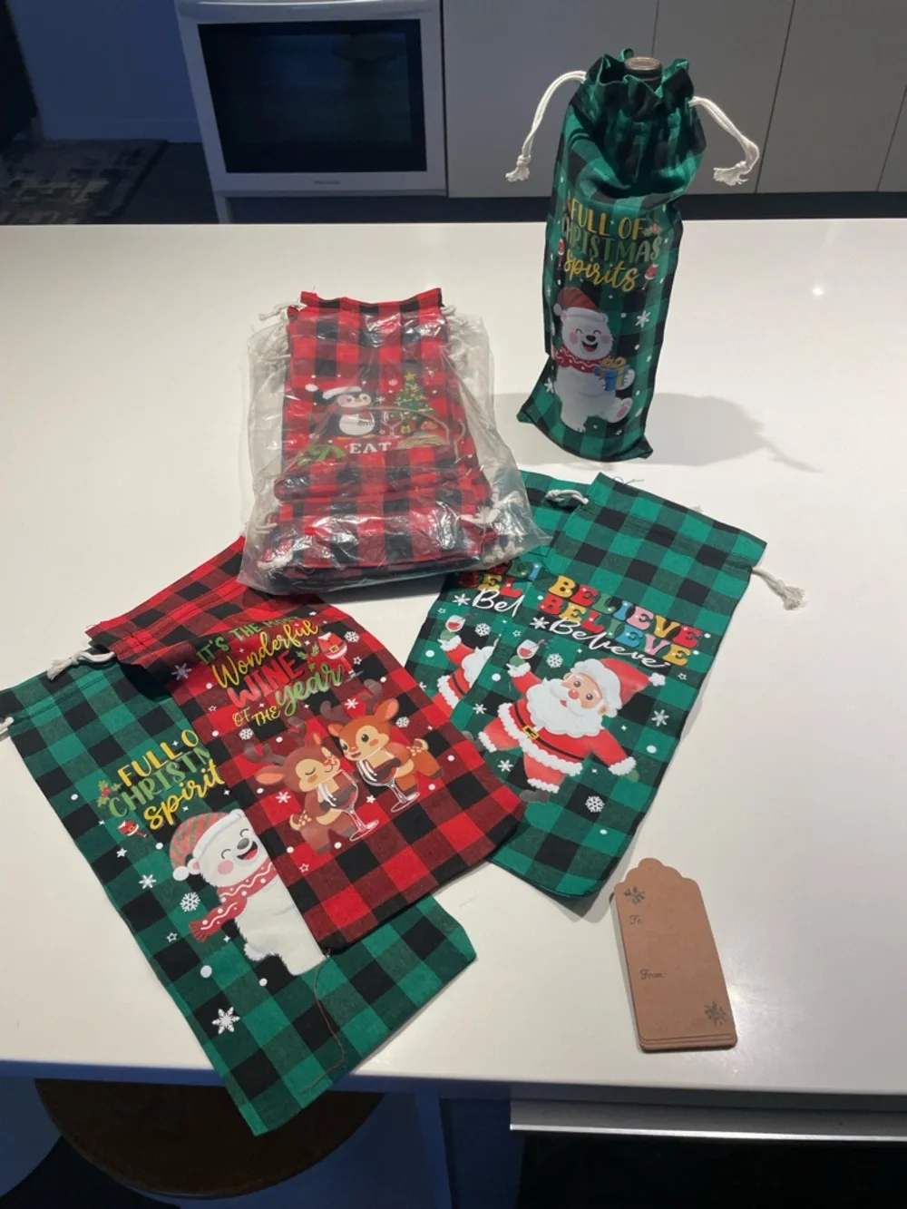 Holiday Buffalo Check Drawstring Wine Bag - Green & Red